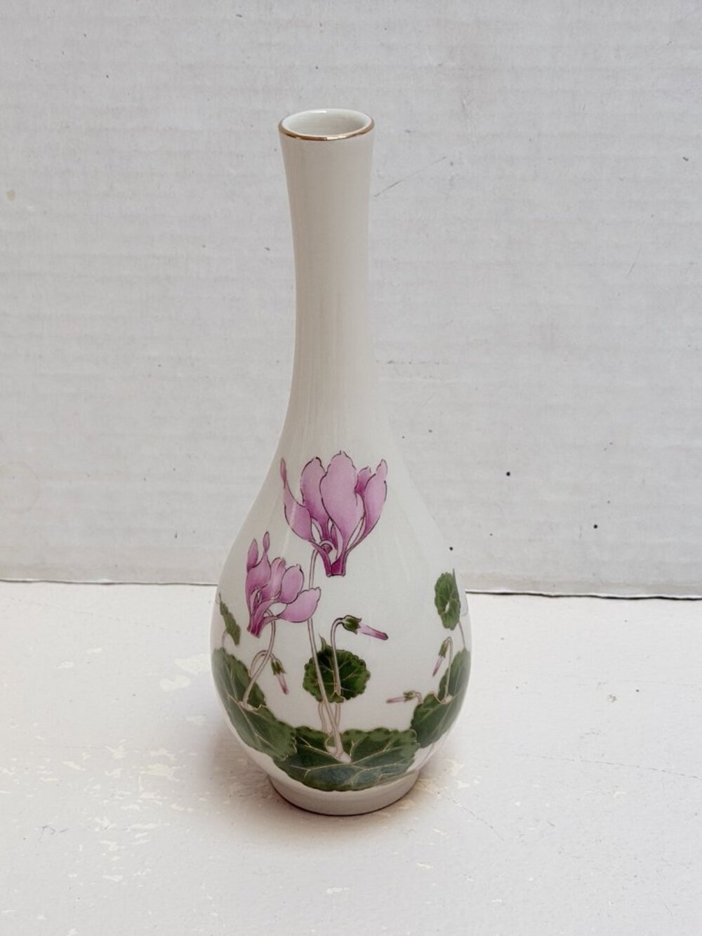 Vintage Otagiri Cyclamen Porcelain Bud Vase Pink Flowers Gold Accents Japan Gift